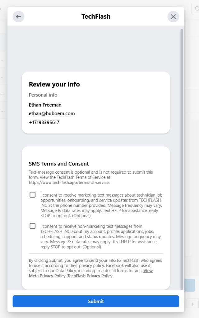 TechFlash form identity screen showing TechFlash branding and questionnaire flow.
