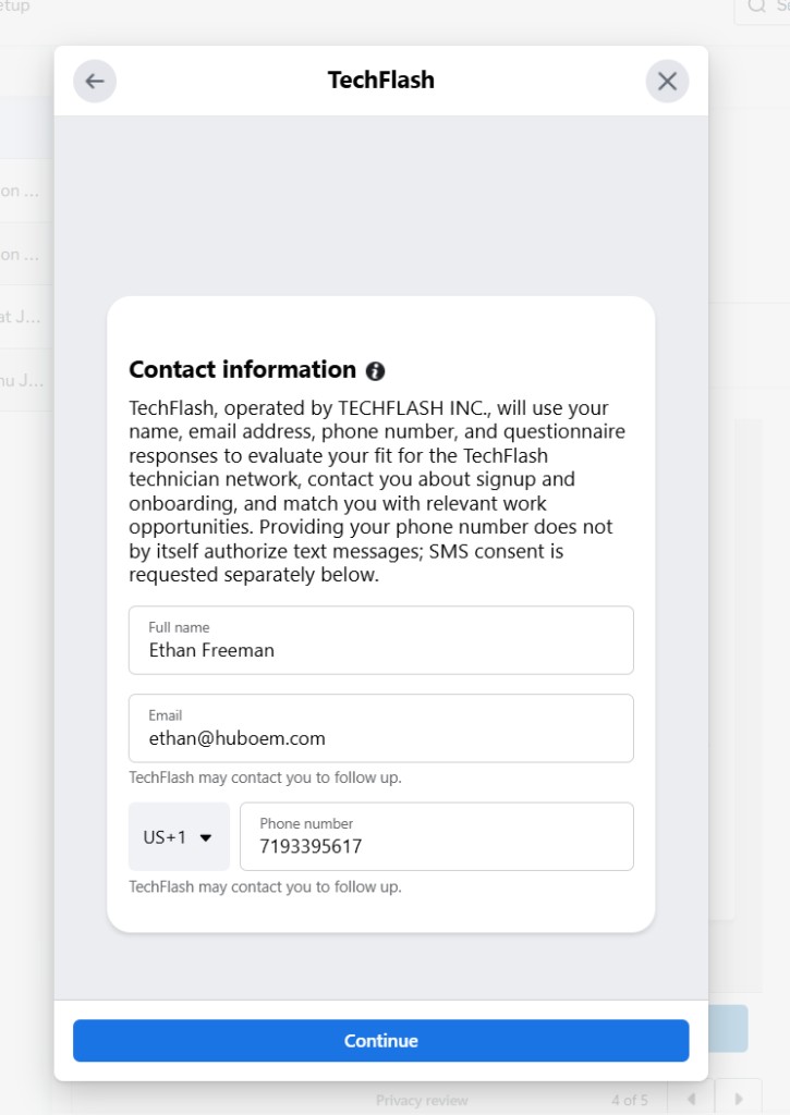 Contact information step showing the telephone-number field and statement that phone entry alone is not SMS consent.